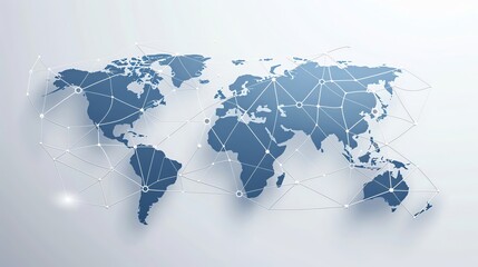 A blue world map with global network connections on a light background vector illustration, using a white and grey color scheme, in a simple design with flat colors and vector style using simple shape