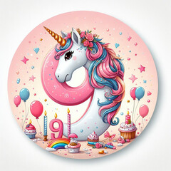 Ninth birthday greeting card with cute unicorn number. Birthday greeting card white background