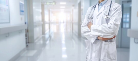 Health care and medicine. Medicine and technology. Doctor standing on hospital background