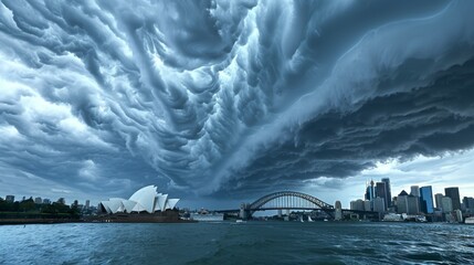 Stormy sky above the Sydney skyline showcasing the Opera House and Harbour Bridge, dramatic clouds,...