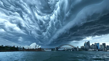 Fotobehang Stormy sky above the Sydney skyline showcasing the Opera House and Harbour Bridge, dramatic clouds, --ar 16:9 © mogamju