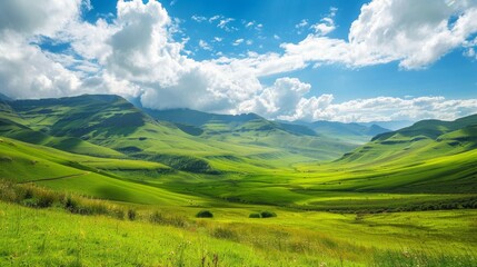 Summer at the Drakensberg Mountains, South Africa, panoramic views of rolling green hills, --ar 16:9