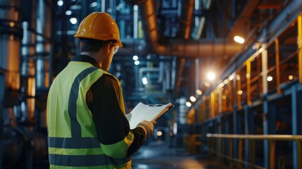 Technical industrial engineer conducting a safety inspection at a chemical processing plant, --ar 16:9