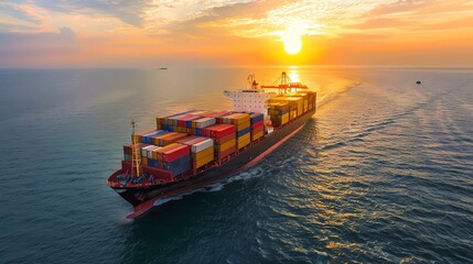 A cargo ship carrying containers sailing in the sea at sunset, viewed from above In the style of Royalcore global container shipping company - obrazy, fototapety, plakaty