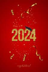 2024 graduation ceremony vertical banner. Award concept with academic hat, golden numbers, ribbons, confetti and text isolated on red background