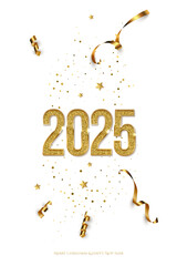 2025 Happy New Year greeting card vector template. Festive Christmas vertical social media banner design with congratulations. Golden numbers with confetti realistic illustration on white background