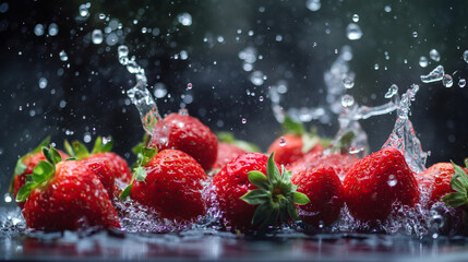 A vibrant close-up of glistening strawberries getting splashed with water, highlighted against a dark background