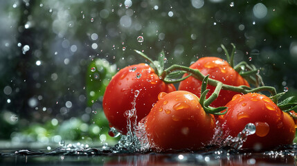 Water droplets cascade over a cluster of ripe, red tomatoes, adding a fresh, clean touch to the produce
