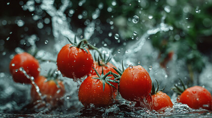 Juicy red tomatoes on the vine, getting drenched and creating a splash in a refreshing rain shower
