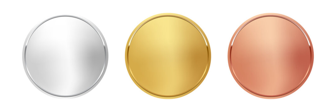 Award golden, silver and bronze blank medals 3d vector realistic illustration. First, second and third place medals or buttons isolated on white background. Quality blank, empty badge, emblem set