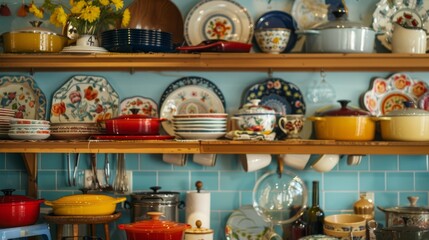 Fototapeta na wymiar Thrift shop with a focus on retro kitchenware, from vintage Pyrex to old cast iron skillets, --ar 16:9