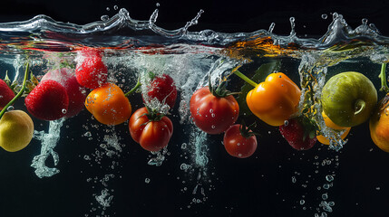 Colorful assortment of fruits & vegetables capturing the dynamic motion as they dive into the water with splashes