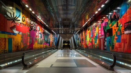 Underground subway station featuring modern art murals and interactive media installations, --ar...