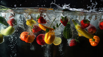 A vivid display of fresh fruits & vegetables creating dynamic splashes as they submerge in crystal clear water