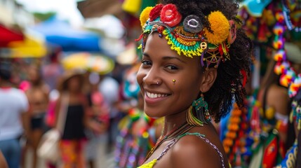 Vibrant local market in Rio de Janeiro during Carnival, colorful costumes and samba rhythms, street vendors selling festive accessories, --ar 16:9