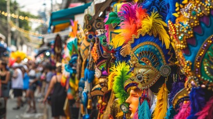 Vibrant local market in Rio de Janeiro during Carnival, colorful costumes and samba rhythms, street vendors selling festive accessories, --ar 16:9 - obrazy, fototapety, plakaty
