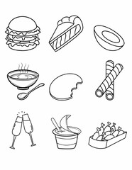 Food and drink coloring page, food doodle, drink doodle, food icons, drink icons, food and drink icons