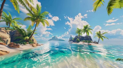 Fototapeta na wymiar Virtual reality environment that mimics a perfect tropical island, endless summer and adventure activities, --ar 16:9