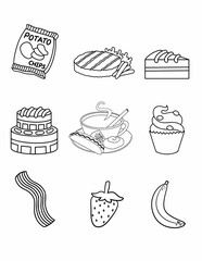 Food and drink coloring page, food doodle, drink doodle, food icons, drink icons, food and drink icons