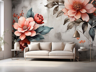 Flower illustration painting on a concrete grunge wall Loft modern classic design Design for interior projects wallpaper photo wallpaper mural poster home decor card packaging