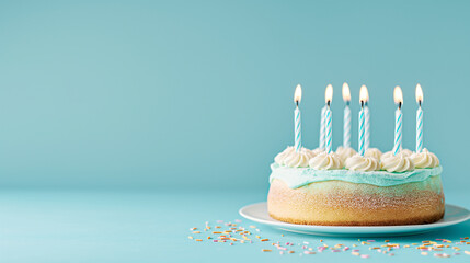 A delicately iced birthday cake with light teal frosting and eight lit candles, presented on a white plate