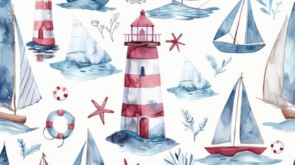 Watercolor pattern featuring nautical icons like lighthouses and sailboats, soft pastel colors,...