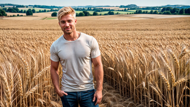 Young man on the background of a wheat field