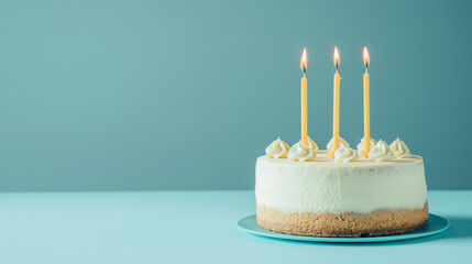 A deliciously creamy cheesecake with golden crust and three red-and-white celebratory candles