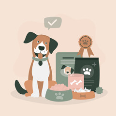Happy doggy sits next to various packages of dog food. Premium quality pet food. Pet store, food kit in shop. Nutrition packaging for domestic pets