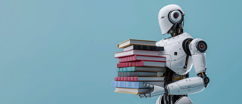 Machine learning concept with 3d rendering humanoid robot and a stack of books isolated on a blue background.