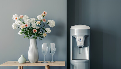 Modern water cooler and vase with flowers on end table near grey wall - obrazy, fototapety, plakaty