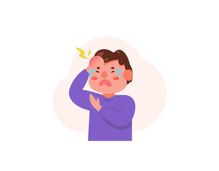 illustration of a boy with a lump on his head. forehead bump from being hit. crying because of pain. facial expressions of boy characters. children and incidents. flat style illustration design