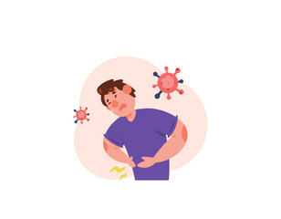 illustration of a man who has a stomach ache. problems with the digestive system. stomach ache due to bacteria or viruses. pain due to the effects of food poisoning. diseases and health problems. flat