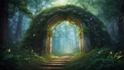 A stone archway in a dense forest

