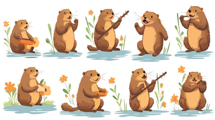 Funny beaver set. Cute cartoon woodchuck waving hel