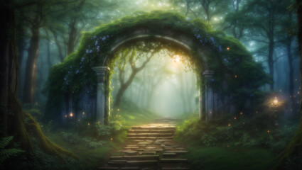 A stone archway in a forest with bright light coming through it.

 - obrazy, fototapety, plakaty