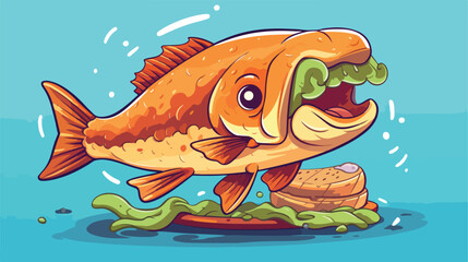 Funny sandwich with fresh fish 2d flat cartoon vact