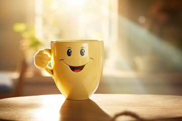 Happy smiling cup with thumbs up in sunlight - obrazy, fototapety, plakaty