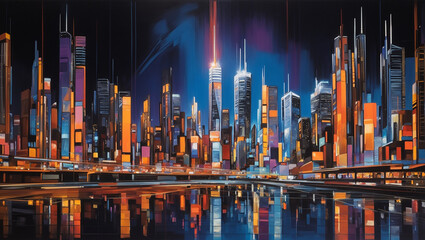 A painting of a futuristic city at night with skyscrapers and lights reflecting off the water.