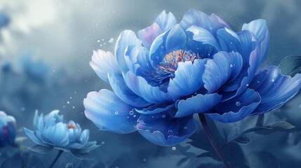 AI generated illustration of a blue flower with raindrops on petals - obrazy, fototapety, plakaty