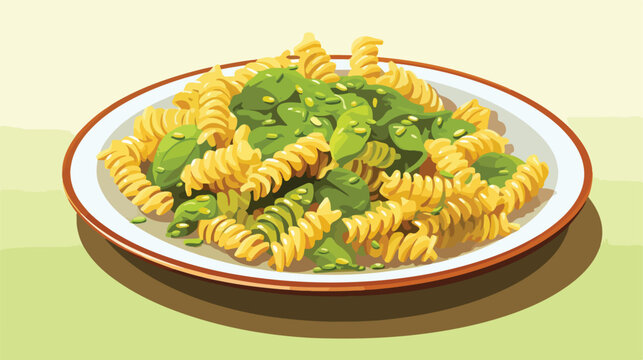 Fusilli pasta with pesto sauce green peas and basil