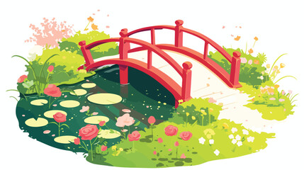 Garden Bridge Red Roses Clipart 2d flat cartoon vac