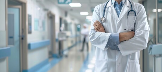 Health care and medicine. Medicine and technology. Doctor standing on hospital background