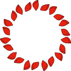 Round frame in positive red flower petals on white background. Vector image.