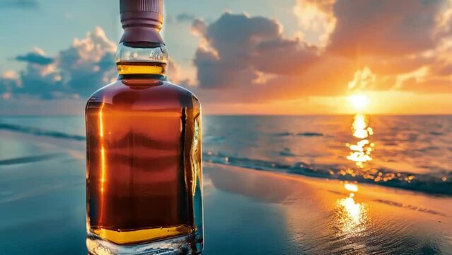Bottle of whisky on a table with beach sea and sunset in background