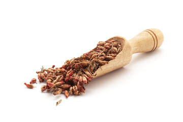 Front view of a wooden scoop filled with Organic Dhai Phool (Woodfordia fruticosa). Isolated on a white background.