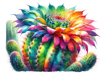 Watercolor Painting of a Rainbow Cactus