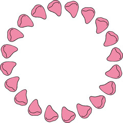 Round frame in stylish pink flower petals on white background. Vector image.