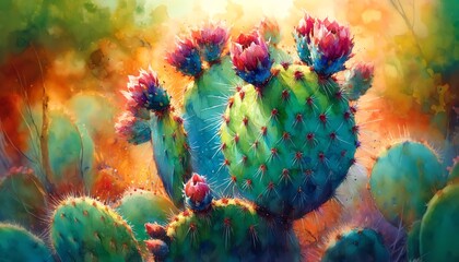 Fototapeta na wymiar Watercolor Painting of an Opuntia Santa Rita Cactus