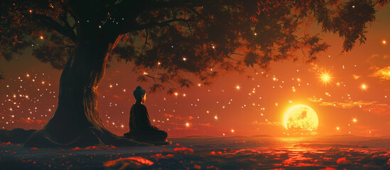 Realistic illustration of buddha purnima. Buddha meditating under a bodhi tree.